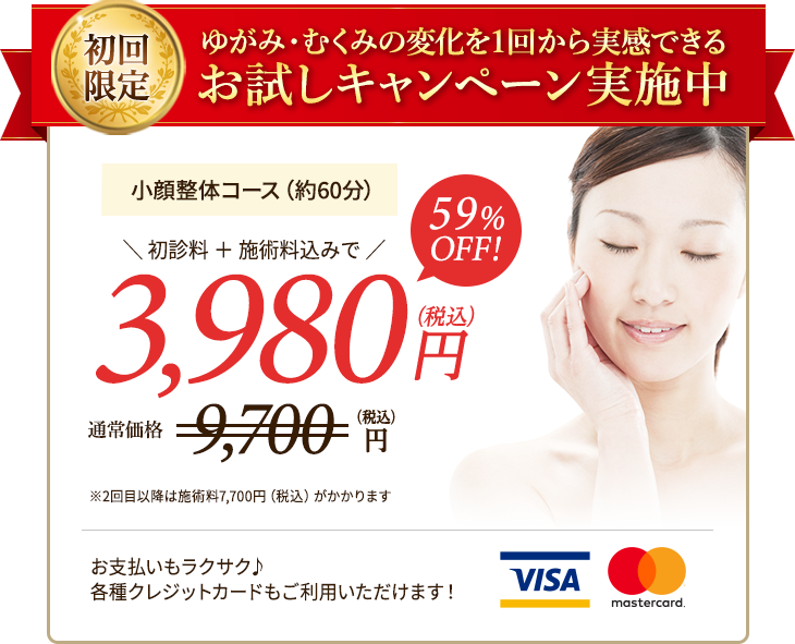 初回限定ゆがみ・むくみの変化を1回から実感できるお試しキャンペーン実施中、小顔整体コース（約60分）59％OFF！初診料＋施術料込みで3,980円（税込）